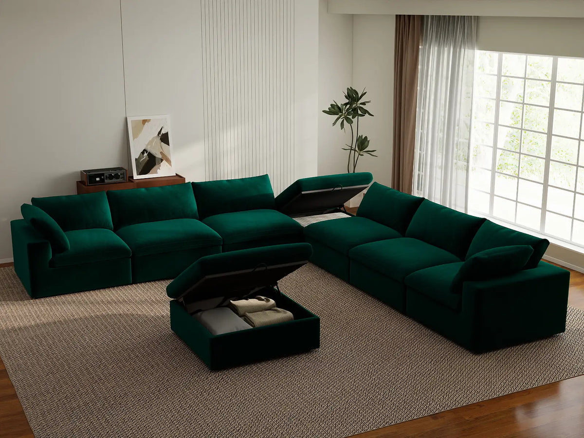 Deluxe Cloud 6-Seater Gem Green Sofa Set | 8-Piece (Includes 2 Ottomans), Velvet Fabric, Living Room, Washable Cushion Covers