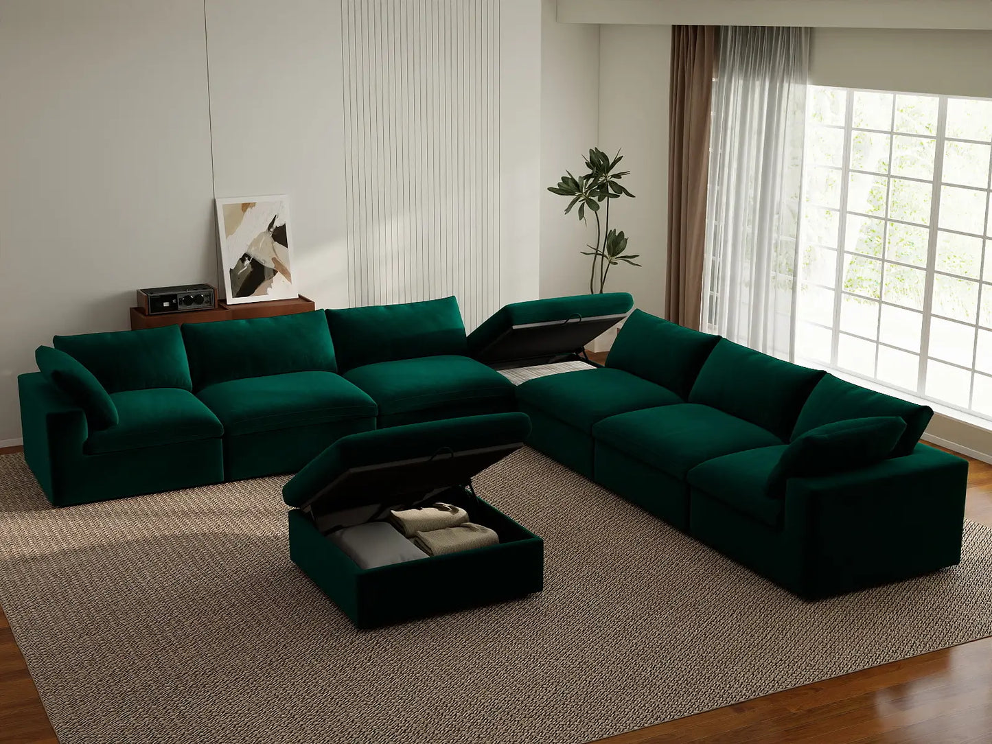 Deluxe Cloud 6-Seater Gem Green Sofa Set | 8-Piece (Includes 2 Ottomans), Velvet Fabric, Living Room, Washable Cushion Covers