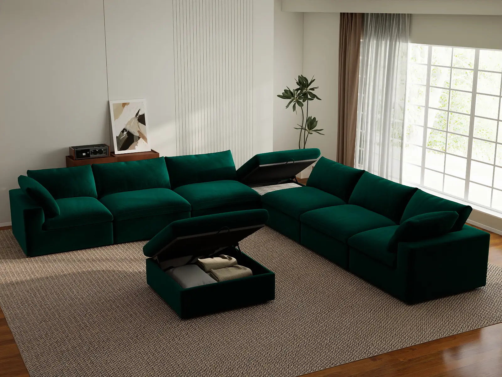 Deluxe Cloud 6-Seater Gem Green Sofa Set | 8-Piece (Includes 2 Ottomans), Velvet Fabric, Living Room, Washable Cushion Covers