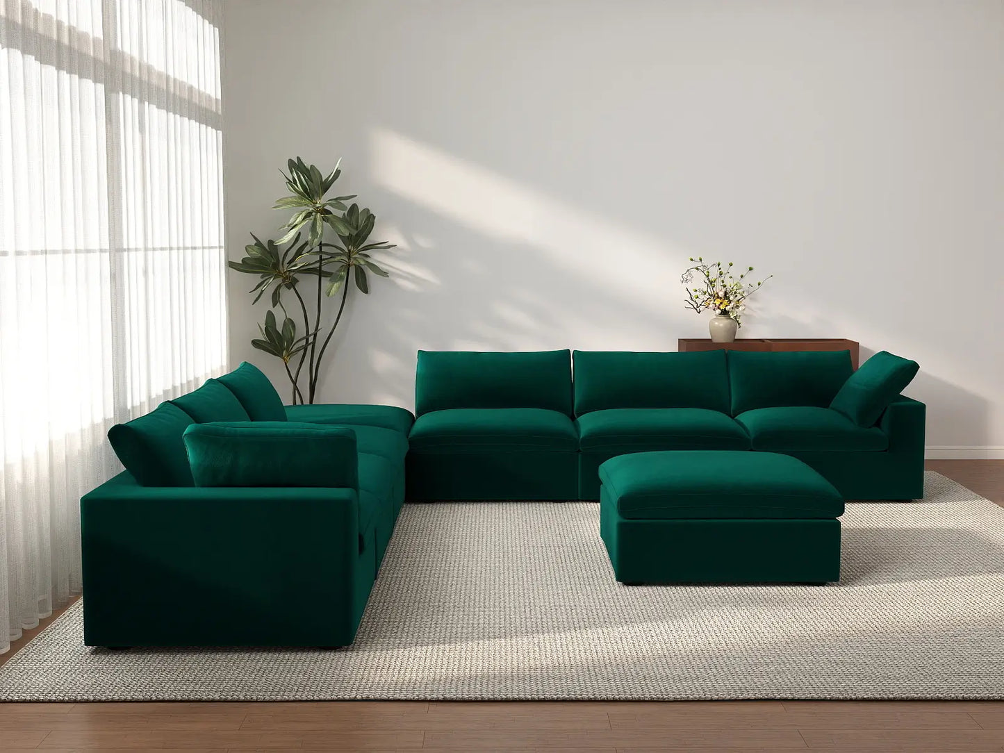 Deluxe Cloud 6-Seater Gem Green Sofa Set | 8-Piece (Includes 2 Ottomans), Velvet Fabric, Living Room, Washable Cushion Covers