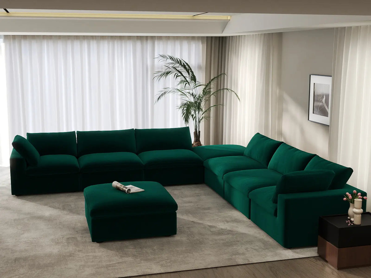 Deluxe Cloud 6-Seater Gem Green Sofa Set | 8-Piece (Includes 2 Ottomans), Velvet Fabric, Living Room, Washable Cushion Covers