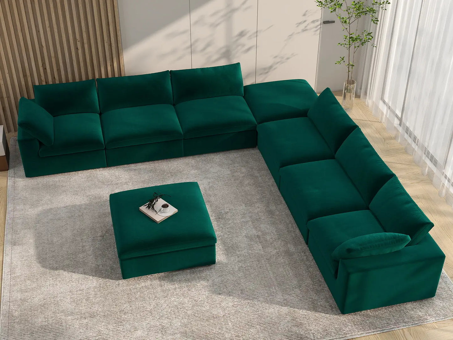 Deluxe Cloud 6-Seater Gem Green Sofa Set | 8-Piece (Includes 2 Ottomans), Velvet Fabric, Living Room, Washable Cushion Covers