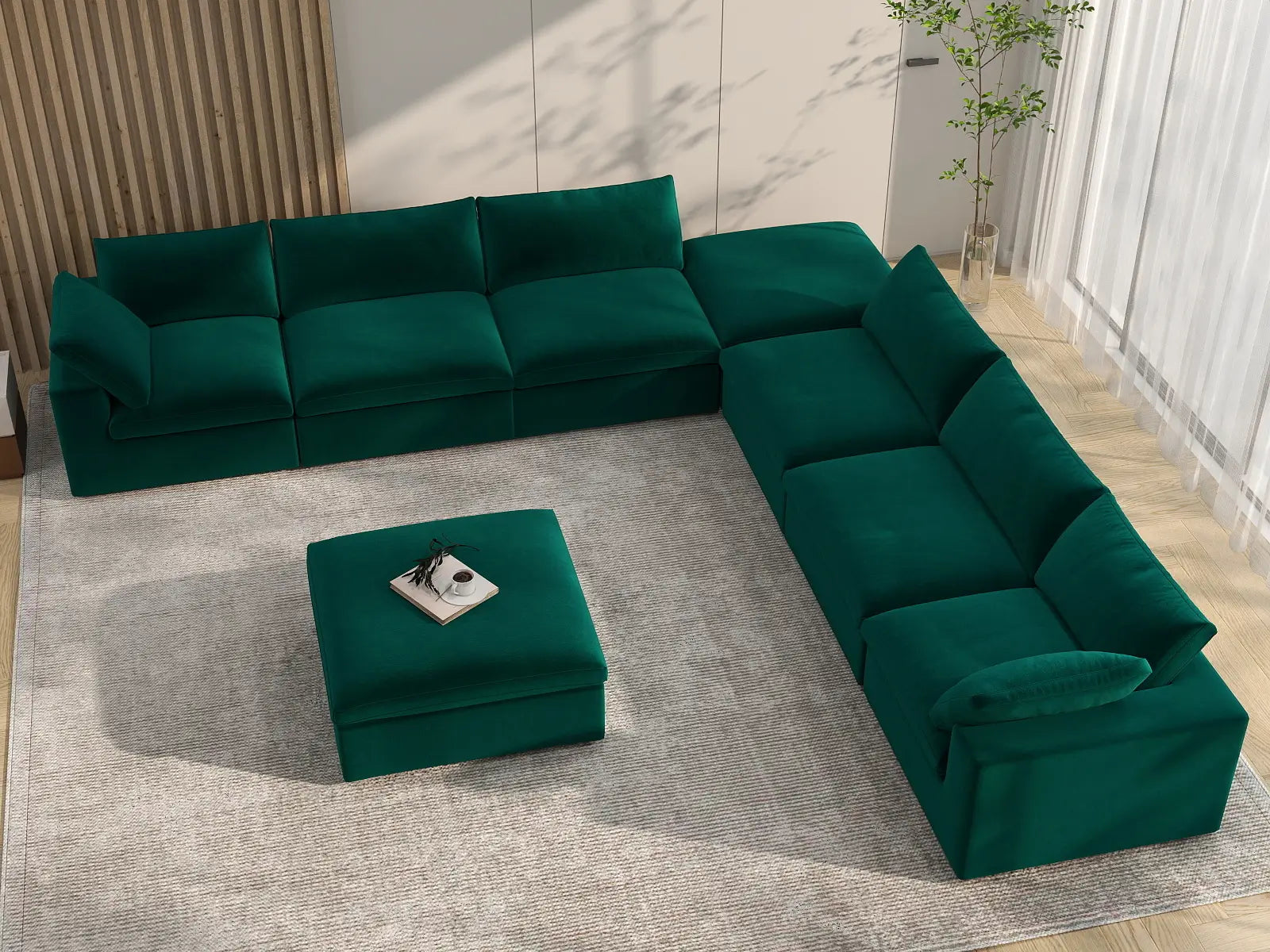 Deluxe Cloud 6-Seater Gem Green Sofa Set | 8-Piece (Includes 2 Ottomans), Velvet Fabric, Living Room, Washable Cushion Covers