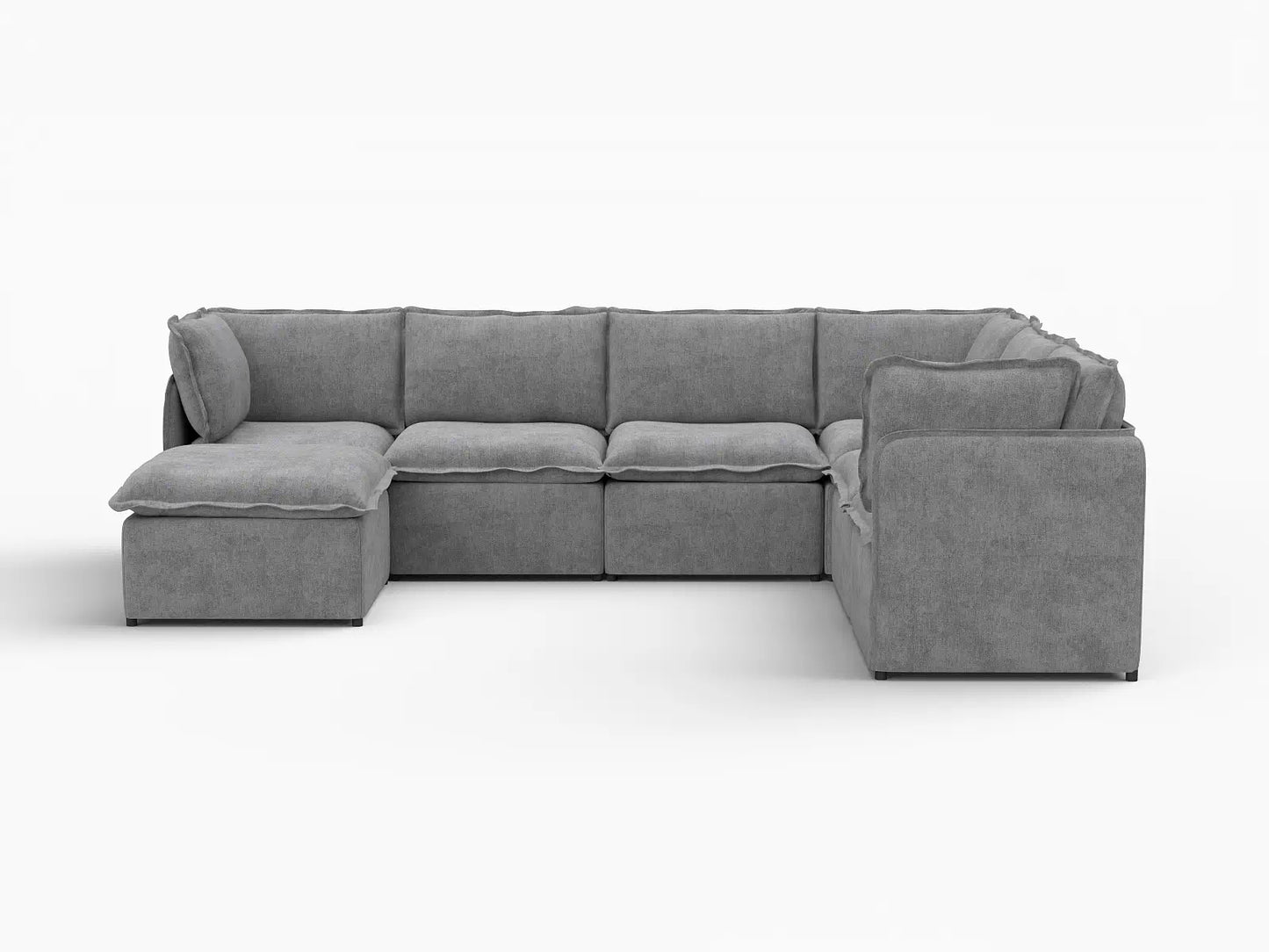 Deluxe Cloud 6-Seater Grey Large Space Sofa Set | 7-Piece (Includes 1 Ottoman), Linen Look Poly Fabric, Easy To Clean