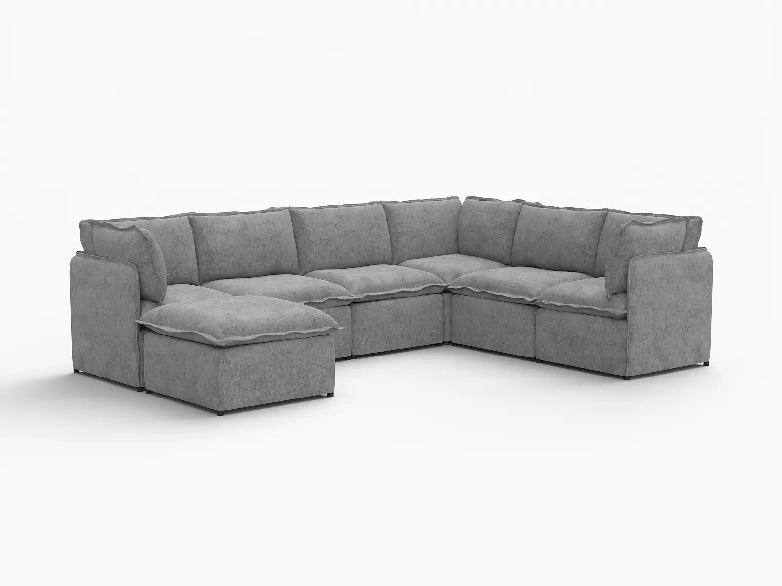 Deluxe Cloud 6-Seater Grey Large Space Sofa Set | 7-Piece (Includes 1 Ottoman), Linen Look Poly Fabric, Easy To Clean
