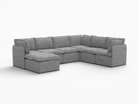 Deluxe Cloud 6-Seater Grey Large Space Sofa Set | 7-Piece (Includes 1 Ottoman), Linen Look Poly Fabric, Easy To Clean