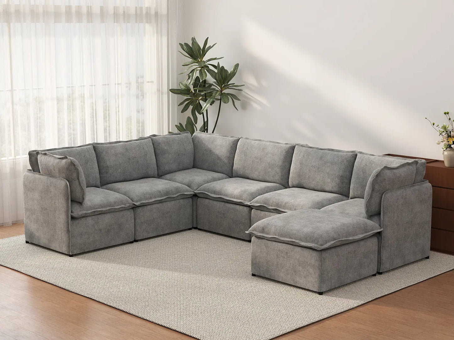 Deluxe Cloud 6-Seater Grey Large Space Sofa Set | 7-Piece (Includes 1 Ottoman), Linen Look Poly Fabric, Easy To Clean