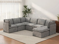 Deluxe Cloud 6-Seater Grey Large Space Sofa Set | 7-Piece (Includes 1 Ottoman), Linen Look Poly Fabric, Easy To Clean