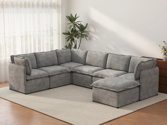 Deluxe Cloud 6-Seater Grey Large Space Sofa Set | 7-Piece (Includes 1 Ottoman), Linen Look Poly Fabric, Easy To Clean