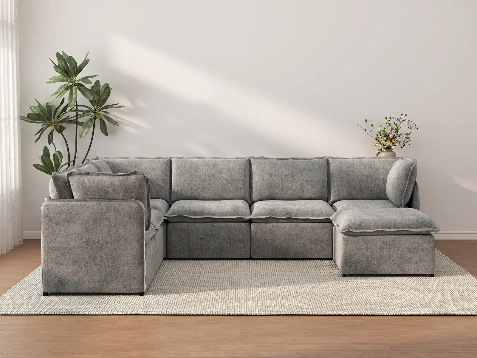 Deluxe Cloud 6-Seater Grey Large Space Sofa Set | 7-Piece (Includes 1 Ottoman), Linen Look Poly Fabric, Easy To Clean