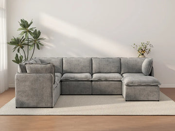 Deluxe Cloud 6-Seater Grey Large Space Sofa Set | 7-Piece (Includes 1 Ottoman), Linen Look Poly Fabric, Easy To Clean