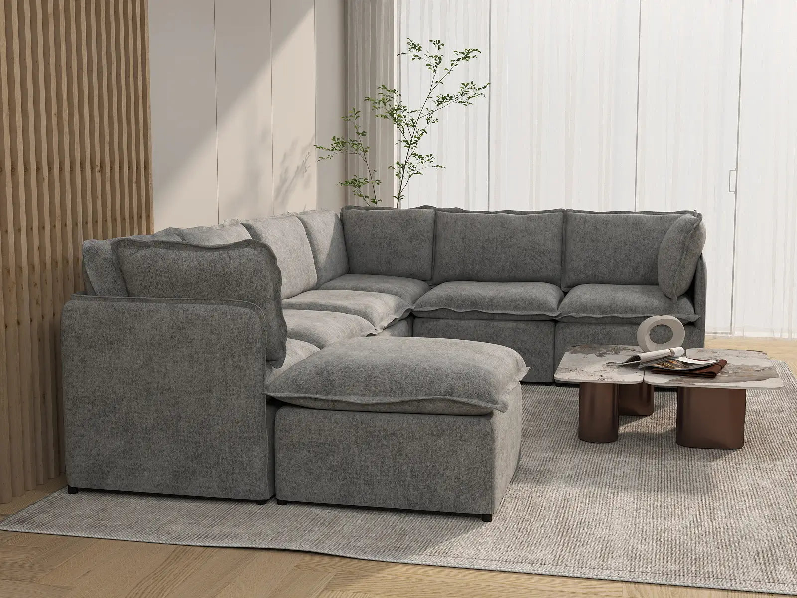 Deluxe Cloud 6-Seater Grey Large Space Sofa Set | 7-Piece (Includes 1 Ottoman), Linen Look Poly Fabric, Easy To Clean