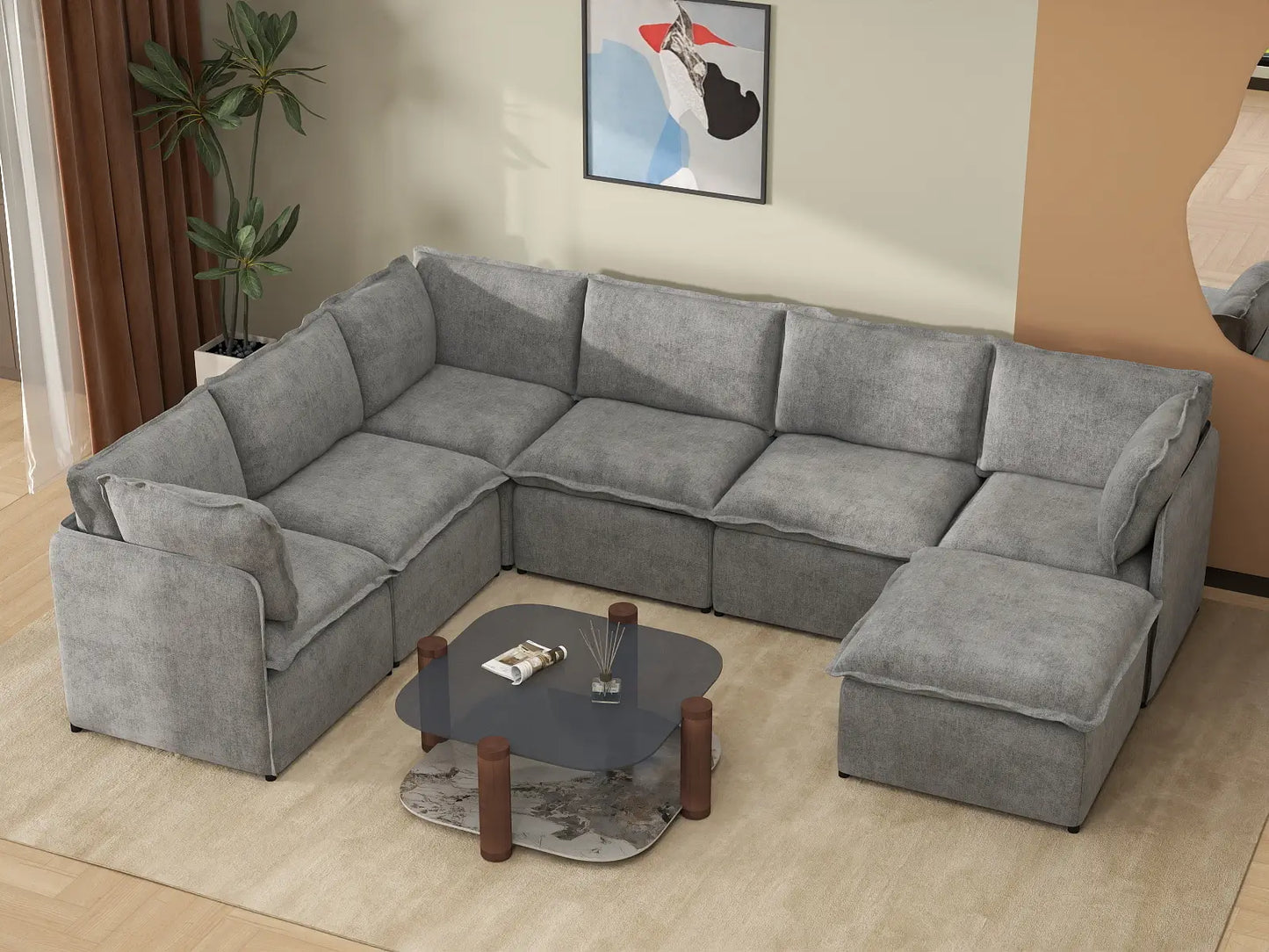 Deluxe Cloud 6-Seater Grey Large Space Sofa Set | 7-Piece (Includes 1 Ottoman), Linen Look Poly Fabric, Easy To Clean