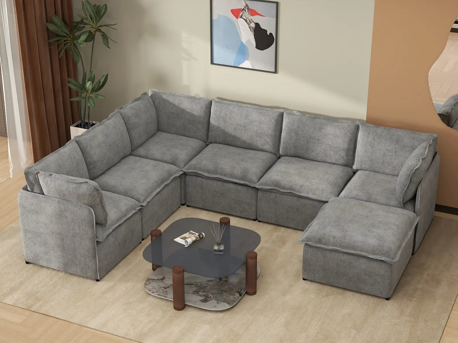 Deluxe Cloud 6-Seater Grey Large Space Sofa Set | 7-Piece (Includes 1 Ottoman), Linen Look Poly Fabric, Easy To Clean