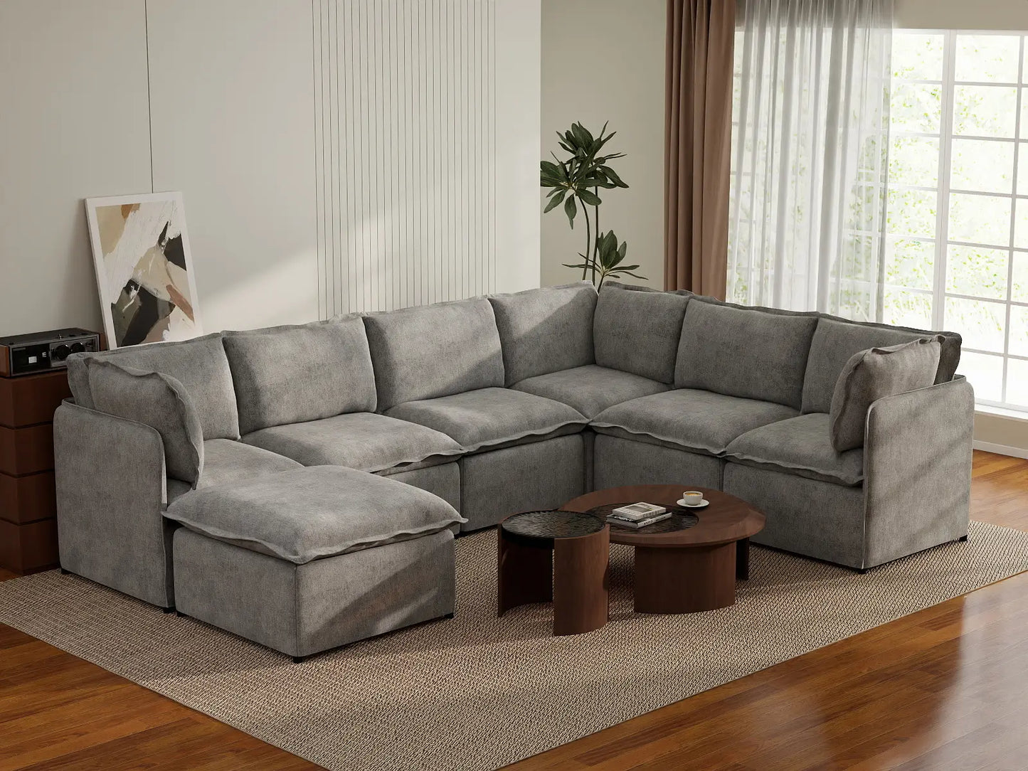 Deluxe Cloud 6-Seater Grey Large Space Sofa Set | 7-Piece (Includes 1 Ottoman), Linen Look Poly Fabric, Easy To Clean