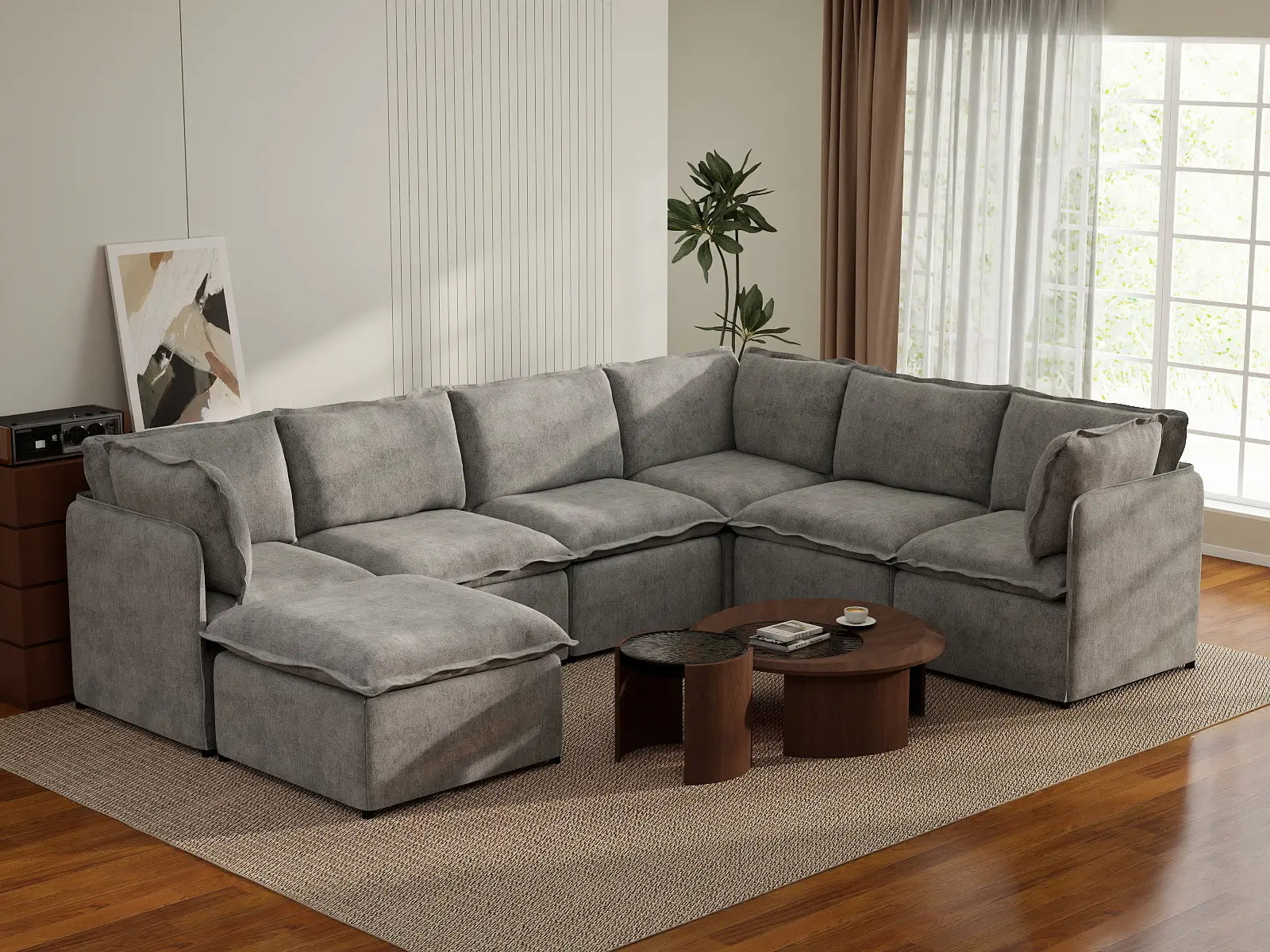 Deluxe Cloud 6-Seater Grey Large Space Sofa Set | 7-Piece (Includes 1 Ottoman), Linen Look Poly Fabric, Easy To Clean