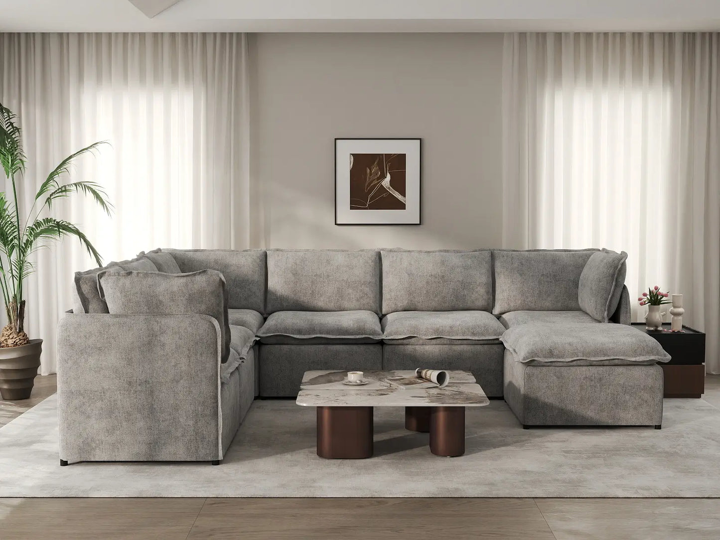 Deluxe Cloud 6-Seater Grey Large Space Sofa Set | 7-Piece (Includes 1 Ottoman), Linen Look Poly Fabric, Easy To Clean