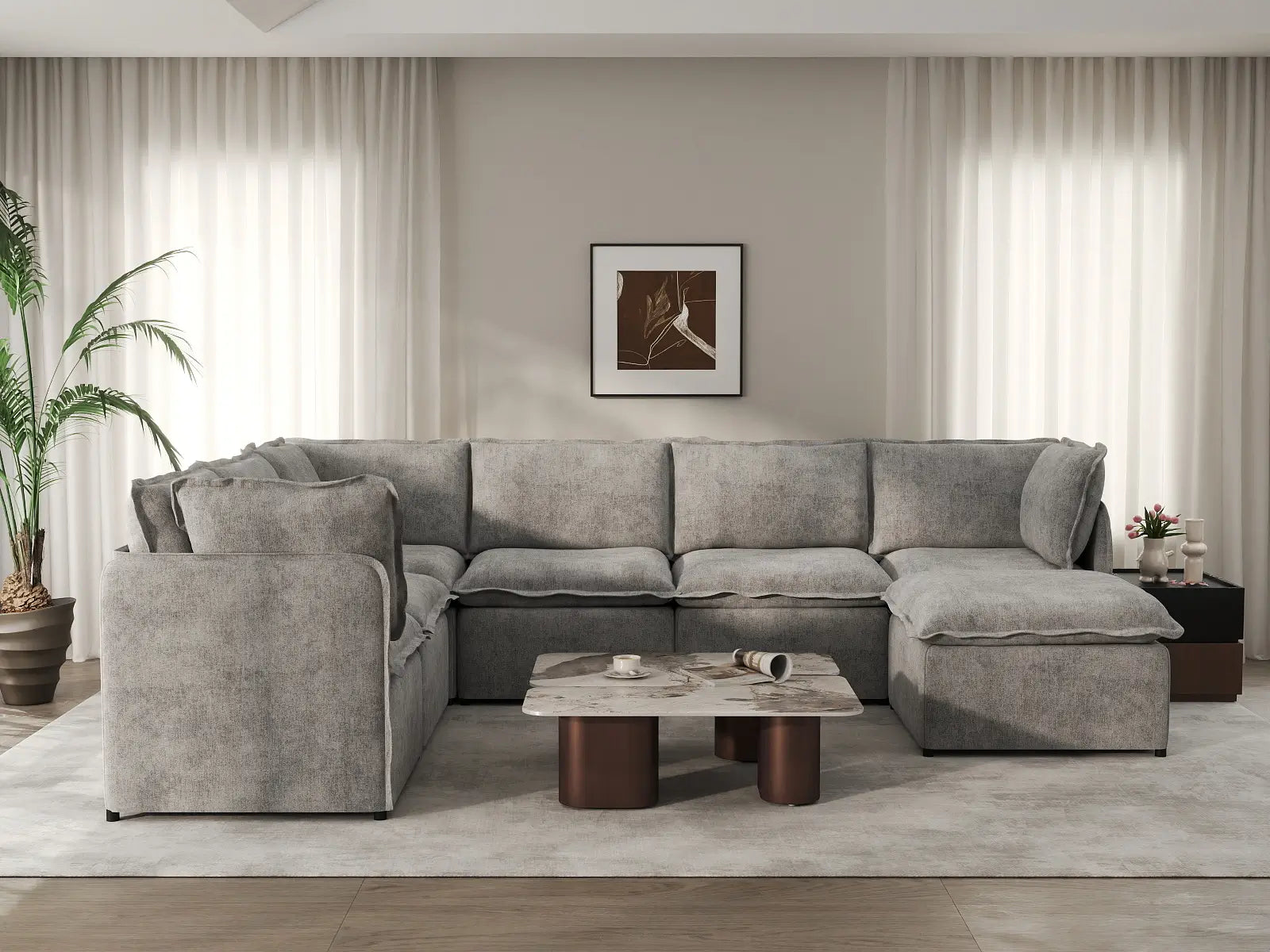 Deluxe Cloud 6-Seater Grey Large Space Sofa Set | 7-Piece (Includes 1 Ottoman), Linen Look Poly Fabric, Easy To Clean