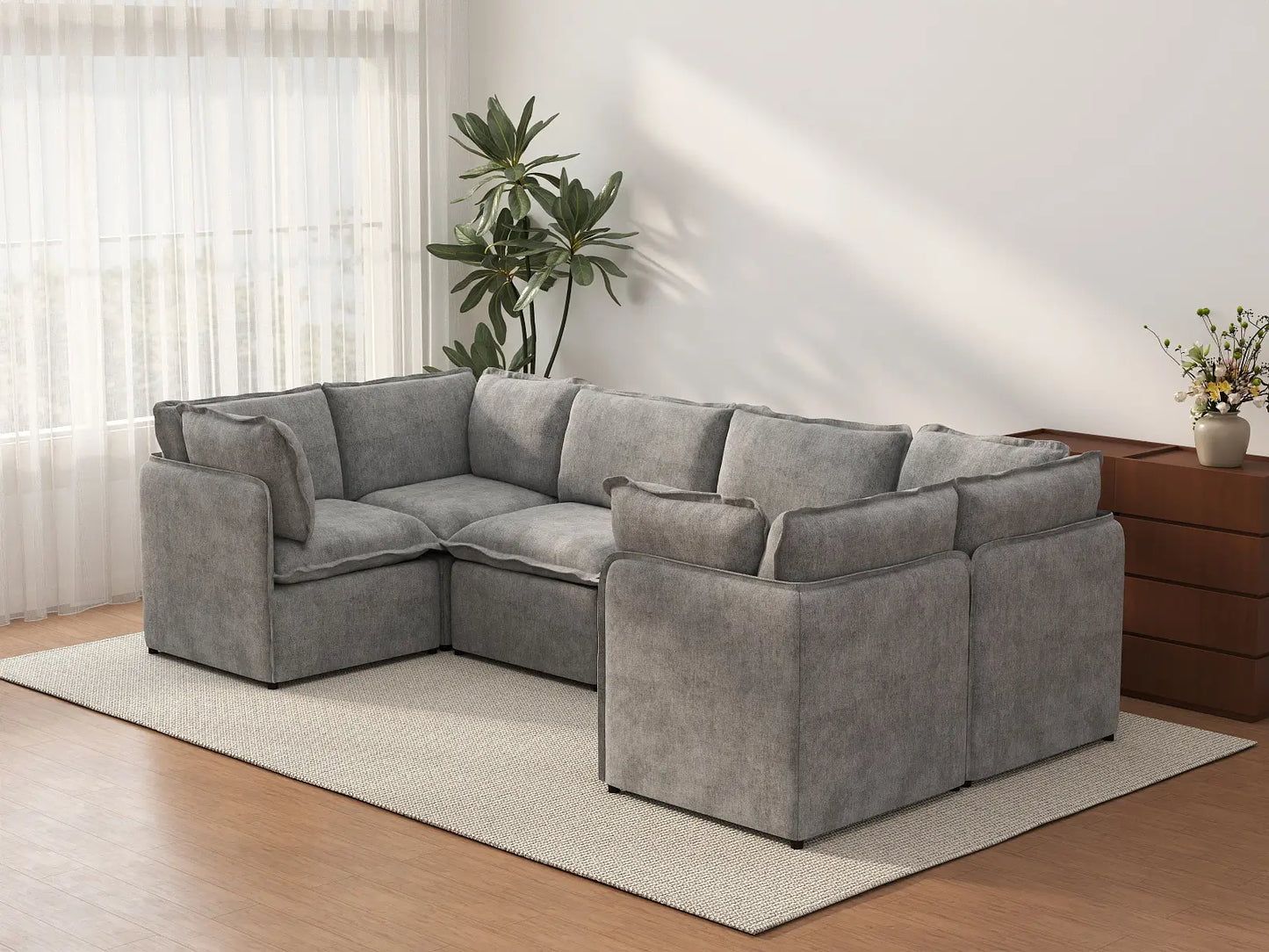 Deluxe Cloud 6-Seater Grey Large Space U-Shaped Sectional | 6-Piece, Linen Look Poly Fabric, Easy To Clean
