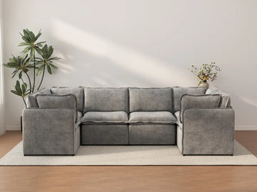 Deluxe Cloud 6-Seater Grey Large Space U-Shaped Sectional | 6-Piece, Linen Look Poly Fabric, Easy To Clean