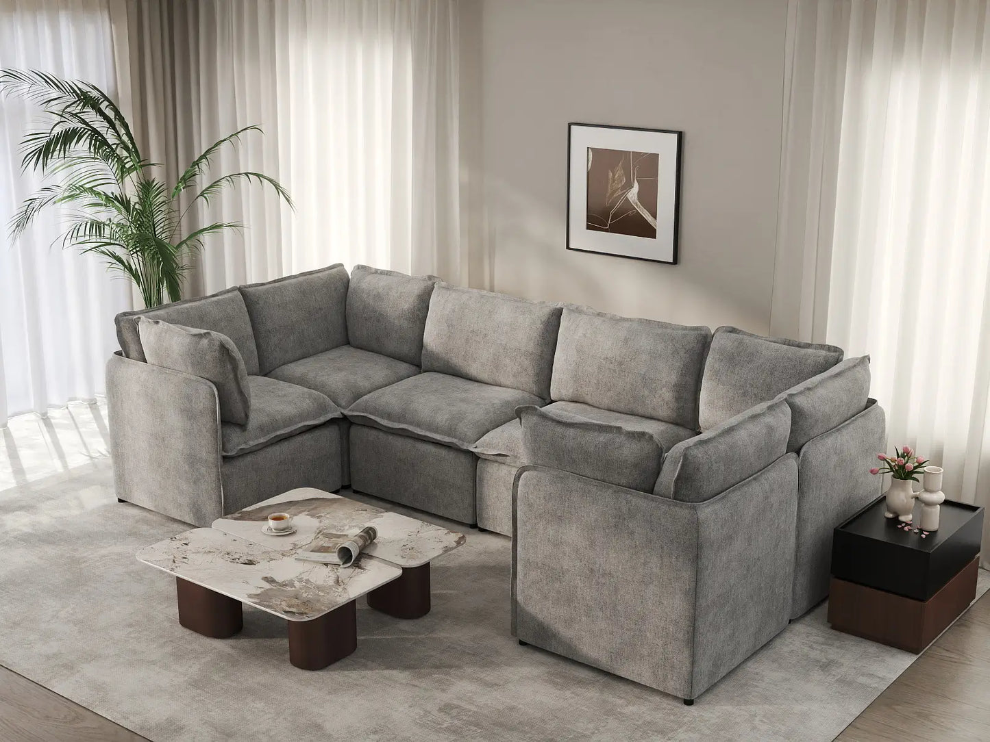 Deluxe Cloud 6-Seater Grey Large Space U-Shaped Sectional | 6-Piece, Linen Look Poly Fabric, Easy To Clean