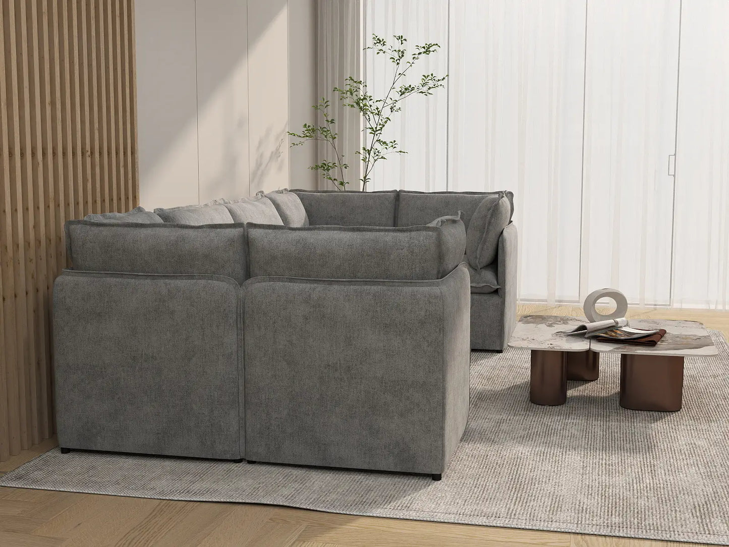Deluxe Cloud 6-Seater Grey Large Space U-Shaped Sectional | 6-Piece, Linen Look Poly Fabric, Easy To Clean
