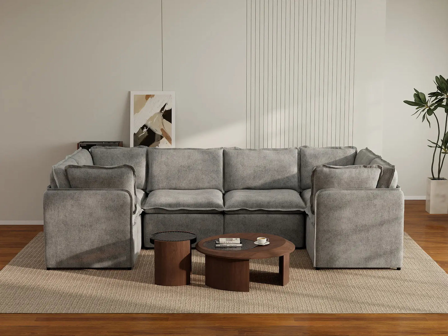Deluxe Cloud 6-Seater Grey Large Space U-Shaped Sectional | 6-Piece, Linen Look Poly Fabric, Easy To Clean