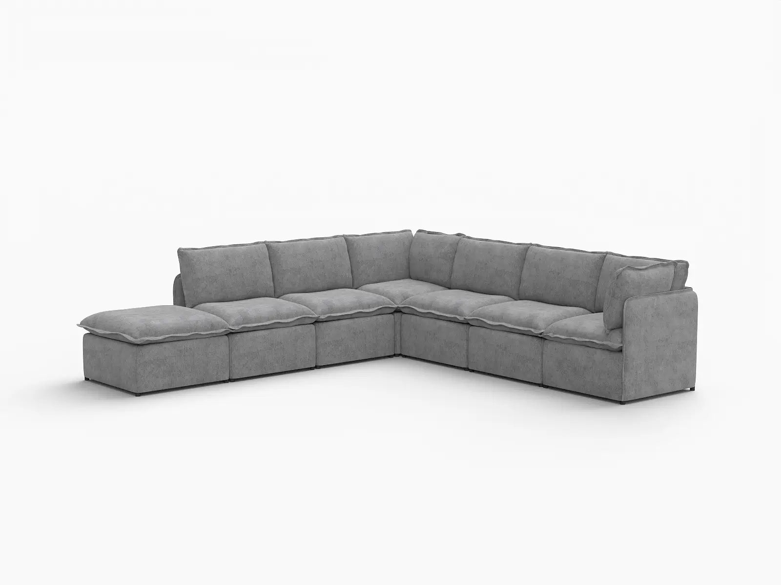 Deluxe Cloud 6-Seater Grey Large Space V-Shaped Sectional | 7-Piece (Includes 1 Ottoman), Linen Look Poly Fabric, Easy To Clean
