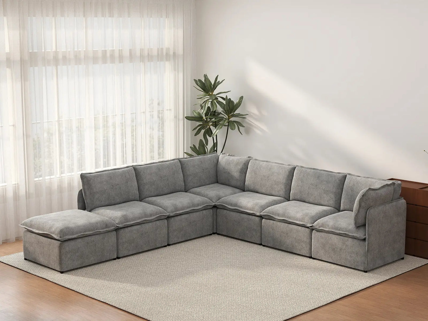 Deluxe Cloud 6-Seater Grey Large Space V-Shaped Sectional | 7-Piece (Includes 1 Ottoman), Linen Look Poly Fabric, Easy To Clean