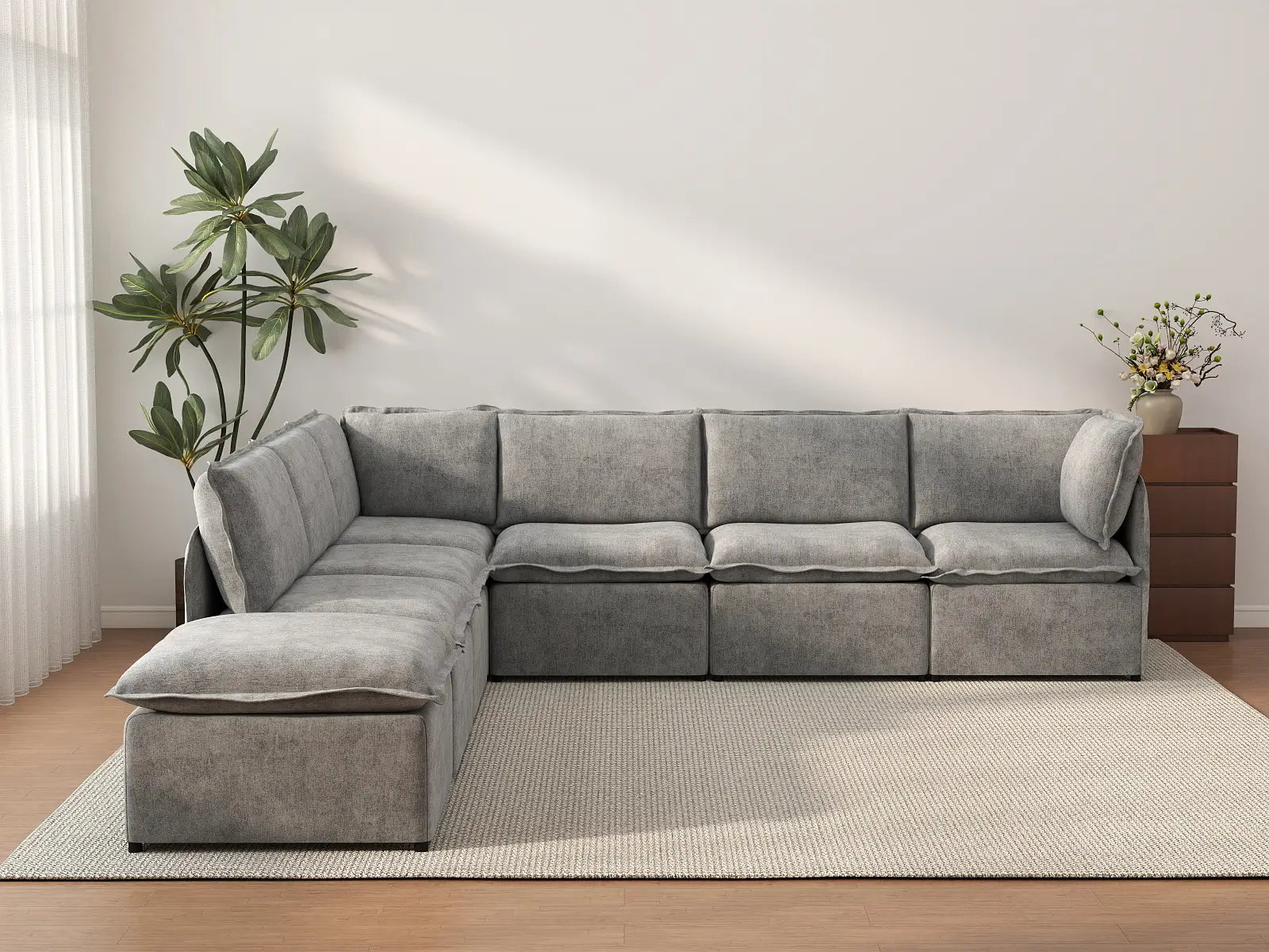 Deluxe Cloud 6-Seater Grey Large Space V-Shaped Sectional | 7-Piece (Includes 1 Ottoman), Linen Look Poly Fabric, Easy To Clean