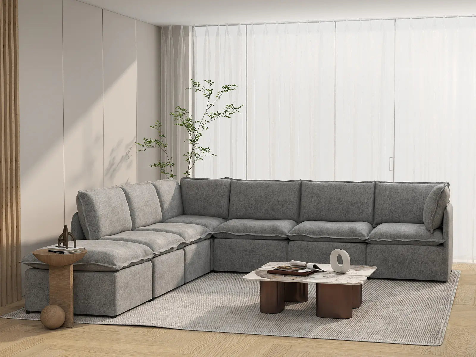 Deluxe Cloud 6-Seater Grey Large Space V-Shaped Sectional | 7-Piece (Includes 1 Ottoman), Linen Look Poly Fabric, Easy To Clean