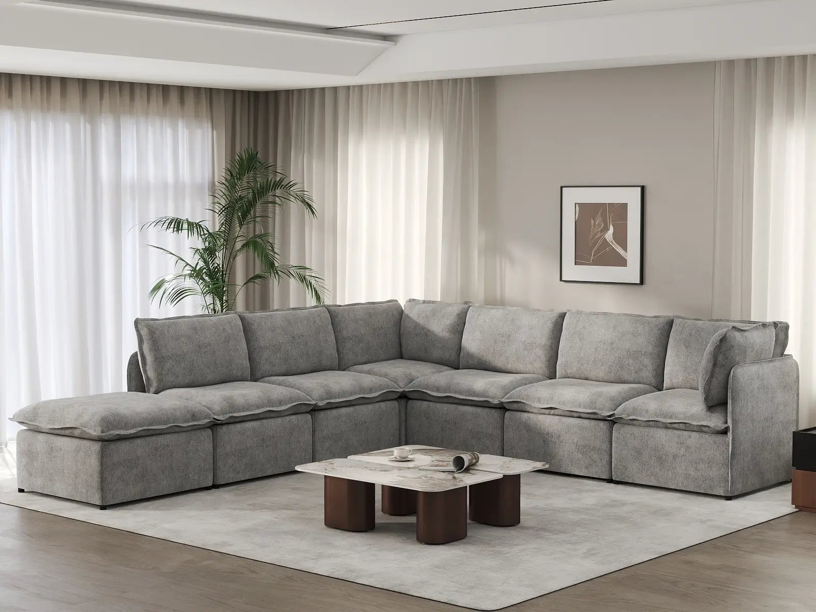 Deluxe Cloud 6-Seater Grey Large Space V-Shaped Sectional | 7-Piece (Includes 1 Ottoman), Linen Look Poly Fabric, Easy To Clean