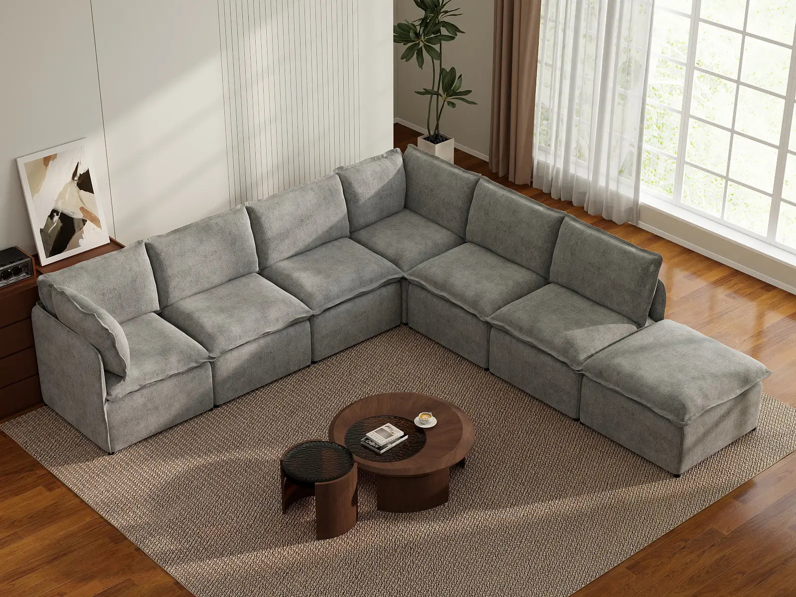 Deluxe Cloud 6-Seater Grey Large Space V-Shaped Sectional | 7-Piece (Includes 1 Ottoman), Linen Look Poly Fabric, Easy To Clean
