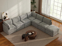 Deluxe Cloud 6-Seater Grey Large Space V-Shaped Sectional | 7-Piece (Includes 1 Ottoman), Linen Look Poly Fabric, Easy To Clean