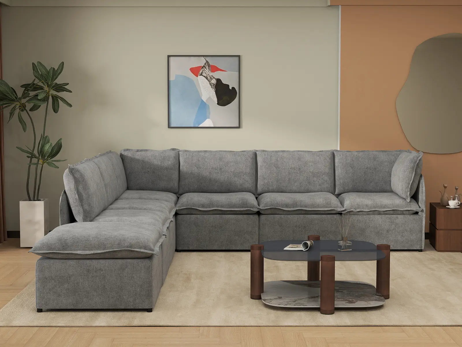 Deluxe Cloud 6-Seater Grey Large Space V-Shaped Sectional | 7-Piece (Includes 1 Ottoman), Linen Look Poly Fabric, Easy To Clean