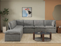 Deluxe Cloud 6-Seater Grey Large Space V-Shaped Sectional | 7-Piece (Includes 1 Ottoman), Linen Look Poly Fabric, Easy To Clean