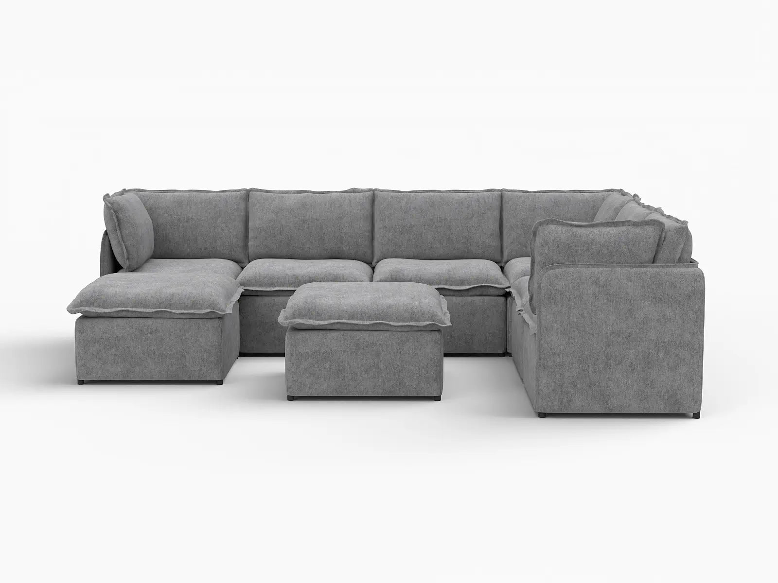 Deluxe Cloud 6-Seater Grey Open Space Sofa Set | 8-Piece (Includes 2 Ottomans), Linen Look Poly Fabric, Easy To Clean