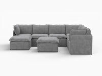 Deluxe Cloud 6-Seater Grey Open Space Sofa Set | 8-Piece (Includes 2 Ottomans), Linen Look Poly Fabric, Easy To Clean