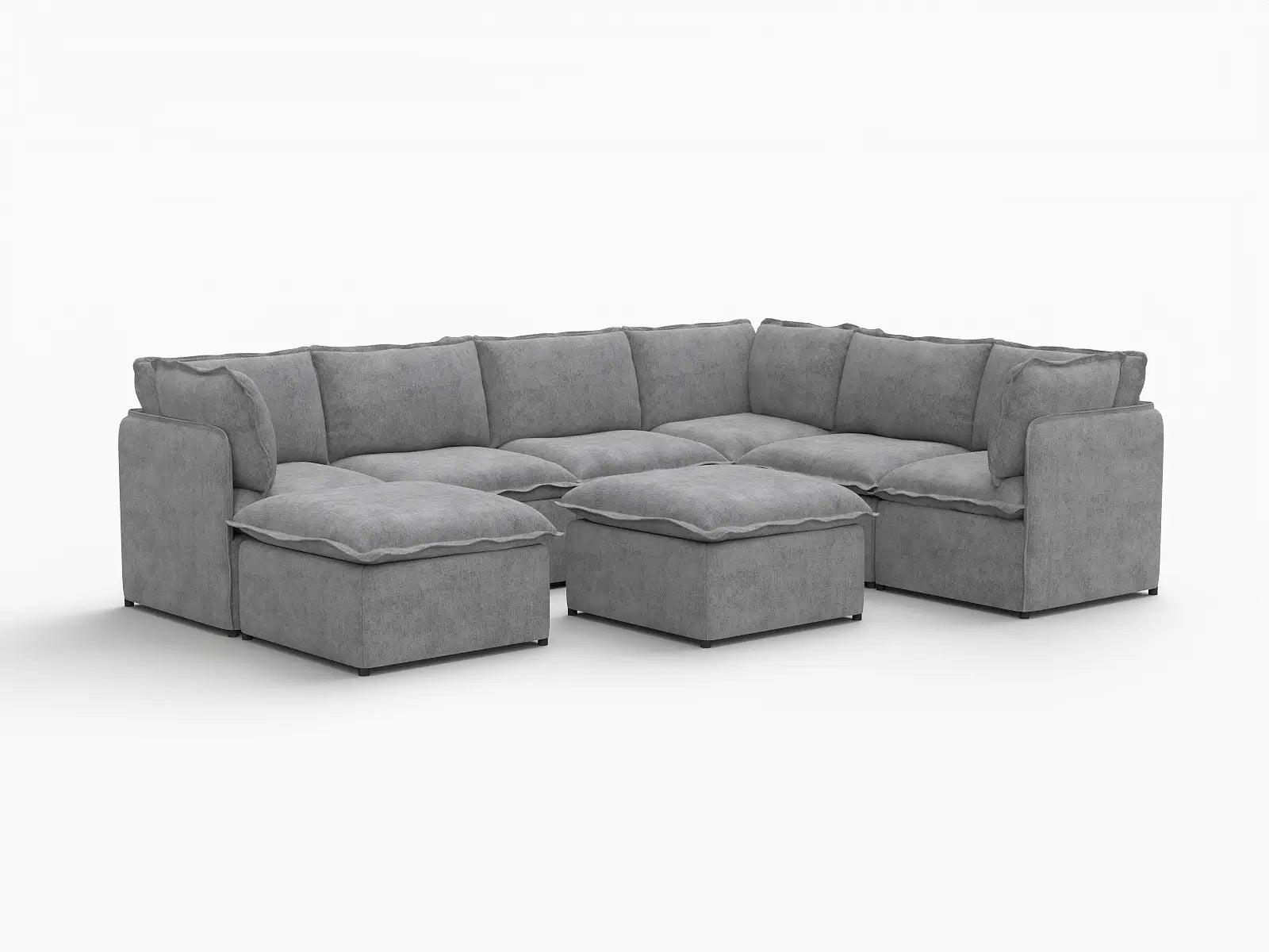 Deluxe Cloud 6-Seater Grey Open Space Sofa Set | 8-Piece (Includes 2 Ottomans), Linen Look Poly Fabric, Easy To Clean