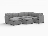 Deluxe Cloud 6-Seater Grey Open Space Sofa Set | 8-Piece (Includes 2 Ottomans), Linen Look Poly Fabric, Easy To Clean