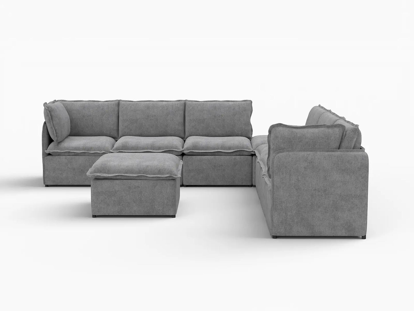 Deluxe Cloud 6-Seater Grey Open Space Sofa Set | 8-Piece (Includes 2 Ottomans), Linen Look Poly Fabric, Easy To Clean
