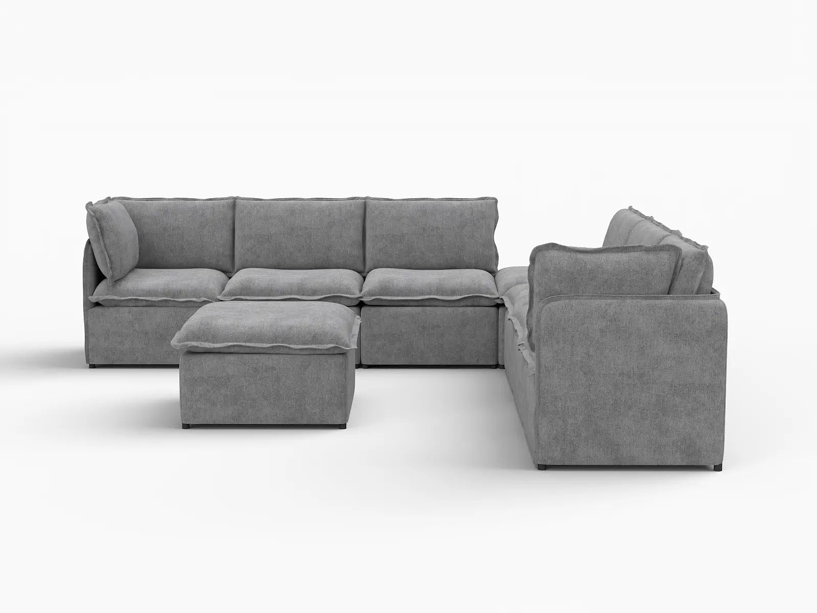Deluxe Cloud 6-Seater Grey Open Space Sofa Set | 8-Piece (Includes 2 Ottomans), Linen Look Poly Fabric, Easy To Clean
