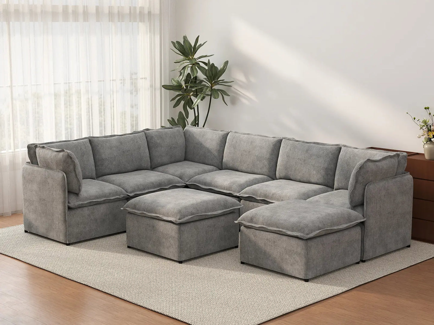 Deluxe Cloud 6-Seater Grey Open Space Sofa Set | 8-Piece (Includes 2 Ottomans), Linen Look Poly Fabric, Easy To Clean