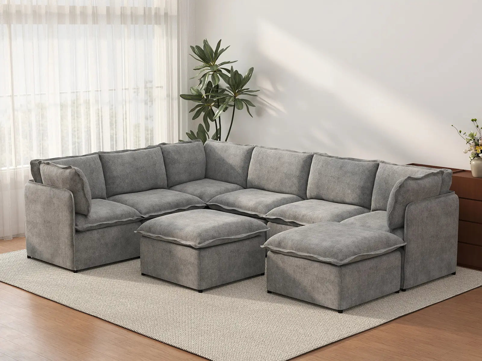 Deluxe Cloud 6-Seater Grey Open Space Sofa Set | 8-Piece (Includes 2 Ottomans), Linen Look Poly Fabric, Easy To Clean