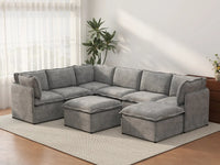 Deluxe Cloud 6-Seater Grey Open Space Sofa Set | 8-Piece (Includes 2 Ottomans), Linen Look Poly Fabric, Easy To Clean