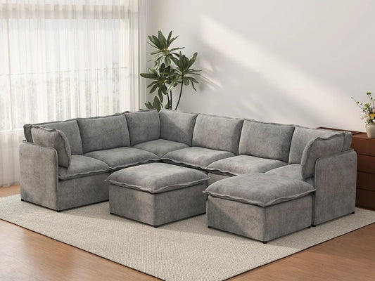 Deluxe Cloud 6-Seater Grey Open Space Sofa Set | 8-Piece (Includes 2 Ottomans), Linen Look Poly Fabric, Easy To Clean