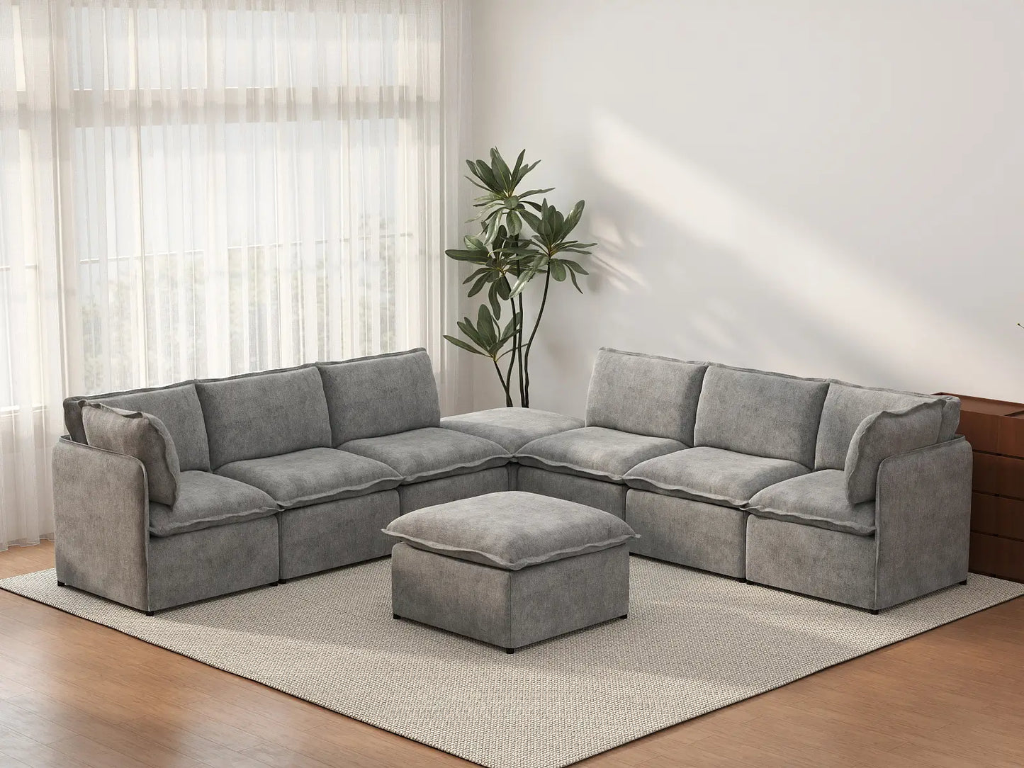 Deluxe Cloud 6-Seater Grey Open Space Sofa Set | 8-Piece (Includes 2 Ottomans), Linen Look Poly Fabric, Easy To Clean