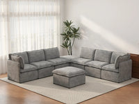 Deluxe Cloud 6-Seater Grey Open Space Sofa Set | 8-Piece (Includes 2 Ottomans), Linen Look Poly Fabric, Easy To Clean