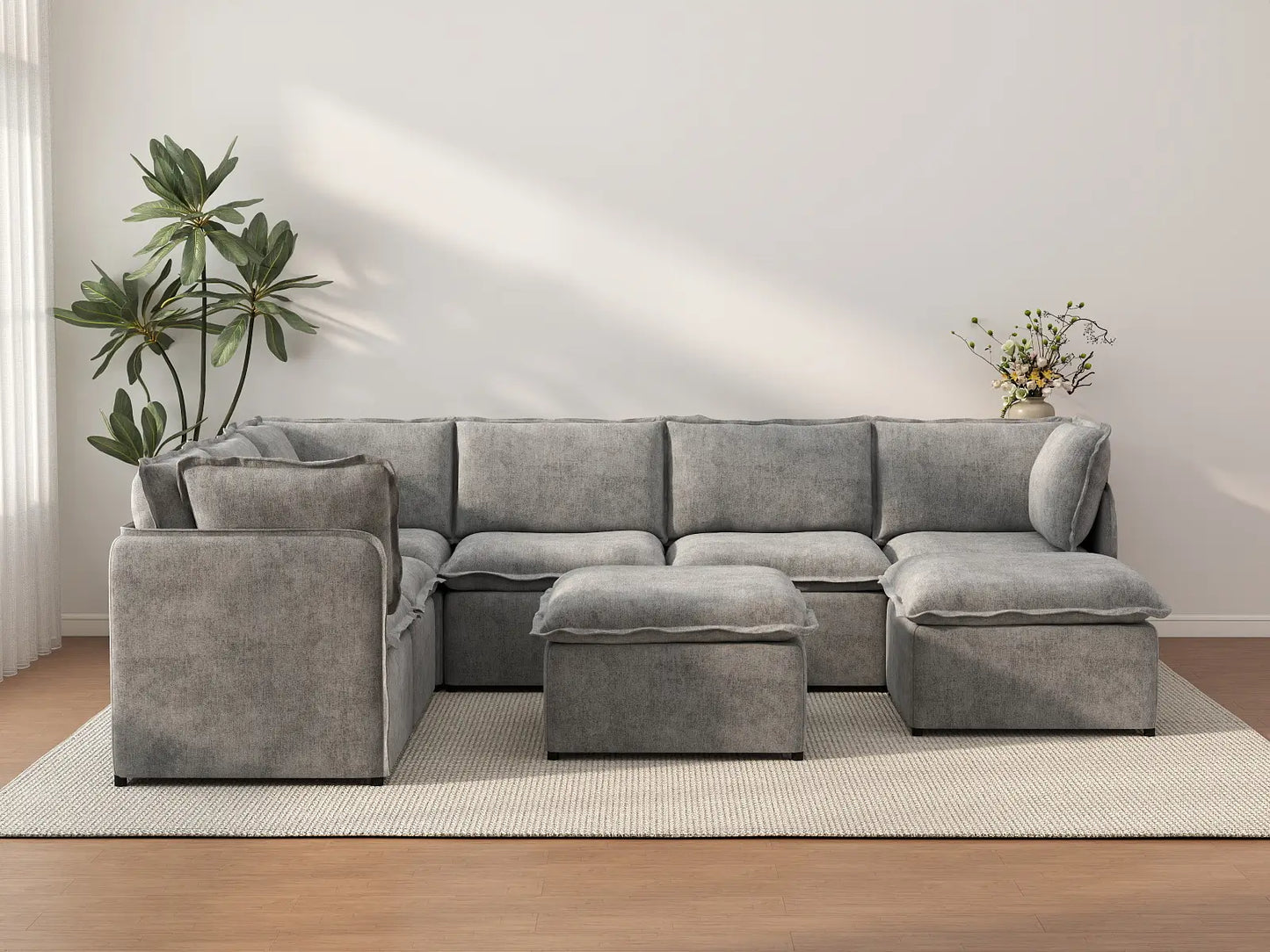 Deluxe Cloud 6-Seater Grey Open Space Sofa Set | 8-Piece (Includes 2 Ottomans), Linen Look Poly Fabric, Easy To Clean