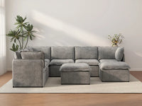 Deluxe Cloud 6-Seater Grey Open Space Sofa Set | 8-Piece (Includes 2 Ottomans), Linen Look Poly Fabric, Easy To Clean